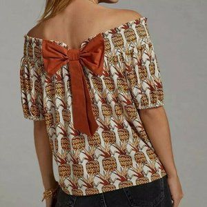 NWT Anthropologie Porridge Off Shoulder Bow Back Pineapple Shirt Top XL